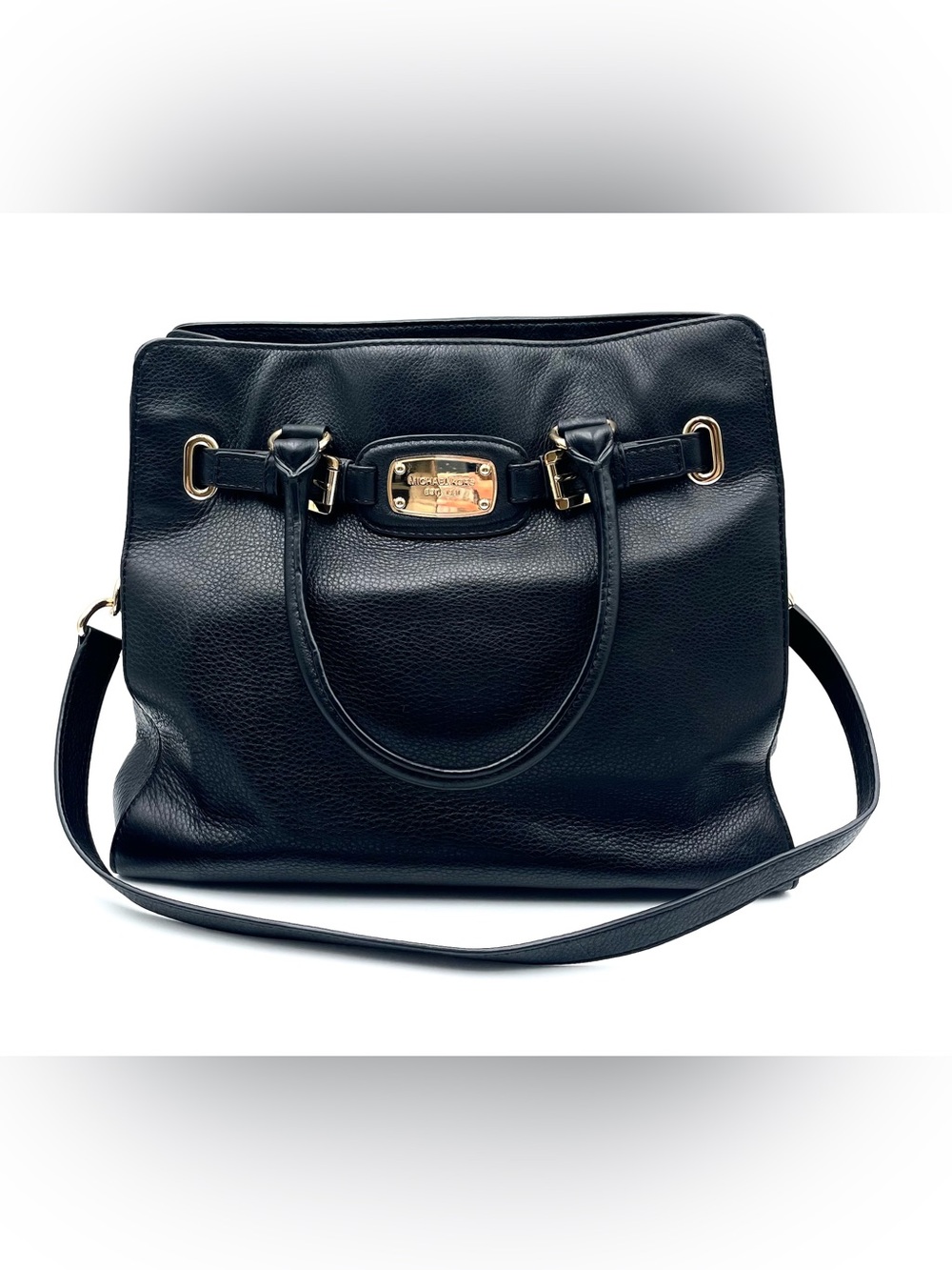 Michael Kors Black Pebbled Leather Satchel with Gold Plate